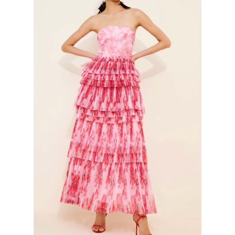 Hutch Anthropologie Strapless Tiered Ruffle Tulle Floral Pink Red Maxi Dress 8